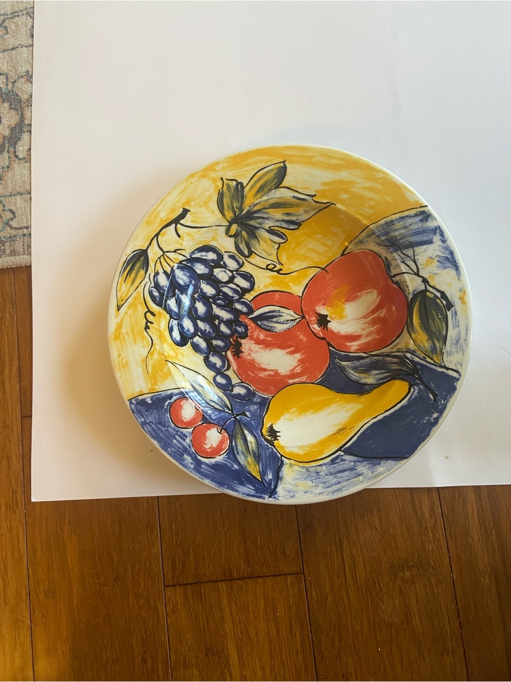 Pier 1 Hand-Painted Fruit Ceramic Plate in Yellow, Blue, Red. Made in Italy.